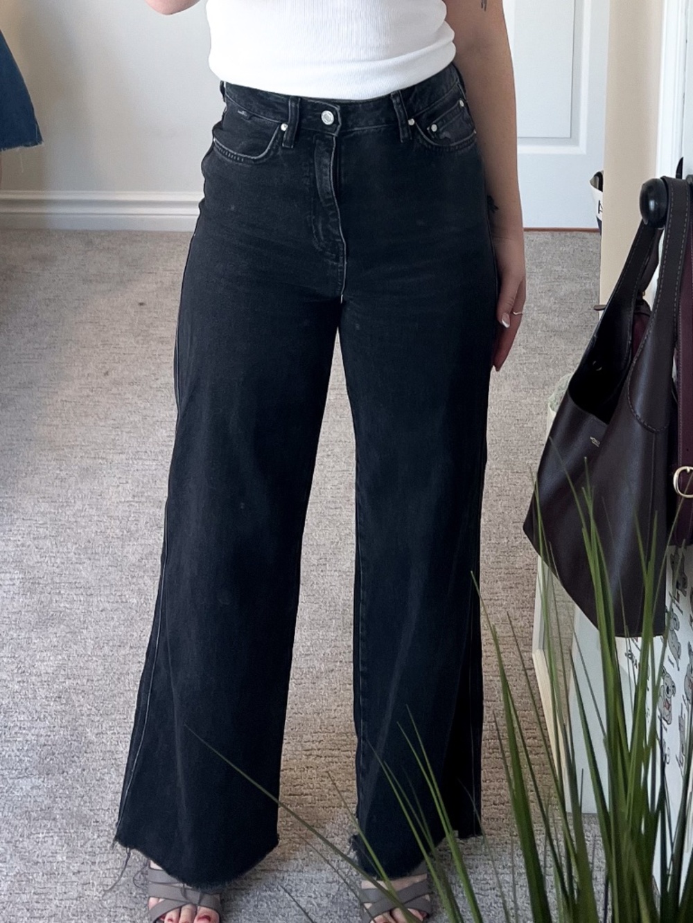 Mavi High Waisted Wide Leg Jeans | Black Wash | 100% Cotton | Raw Hem | Size 26